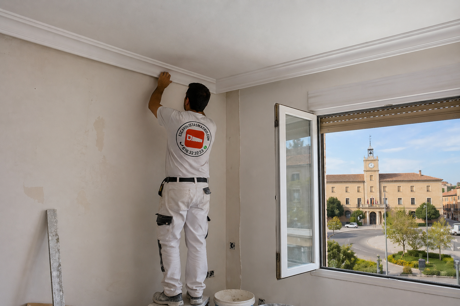 Escayolista profesional instalando molduras decorativas en Pozuelo de Alarcón